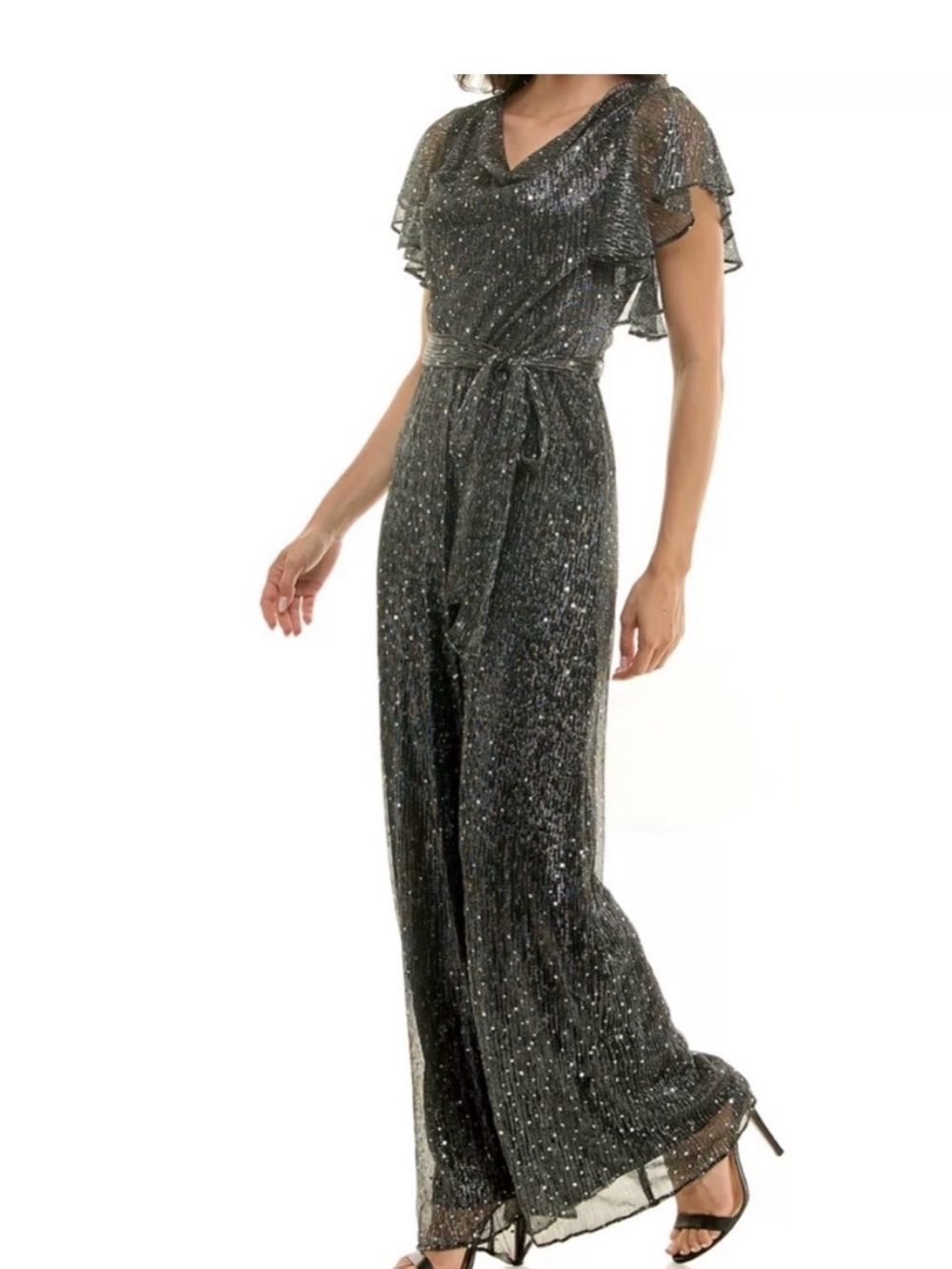 Maison Tara Black Sparkle Flutter-Sleeve Wide-Leg Jumpsuit - Picture 2 of 4